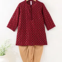 Babyhug Full Sleeves Woven Embroidered Kurta & Dhoti Set - Maroon image 2