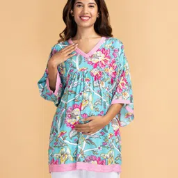 Bella Mama Three Fourth Sleeves Maternity Top Floral Print - Blue image 3
