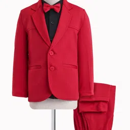 Babyhug Woven Full Sleeves Solid 3 Piece Party Suit With Bow - Red image 2