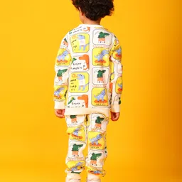 Anthrilo Fleece Knit Full Sleeves Dinosaur Printed Coordinating Winter Sweatshirt & Jogger Set - Off White image 3