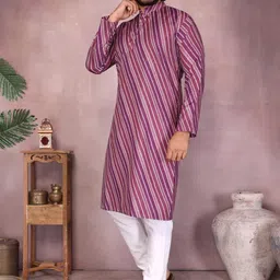 swadeshi collection Striped Printed Band Collar Pure Cotton Straight Kurta With Pyjamas image 2