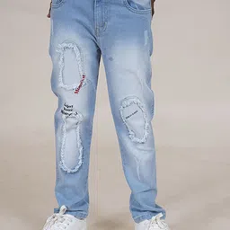 KiddoPanti Boys Jean Straight Fit Mildly Distressed Heavy Fade Printed Stretchable Jeans image 1