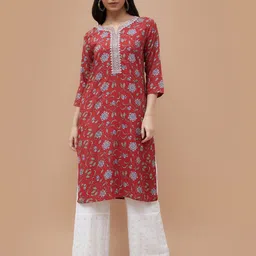 Melange by Lifestyle Printed Round Neck Mirror Work Straight Kurta-image-0