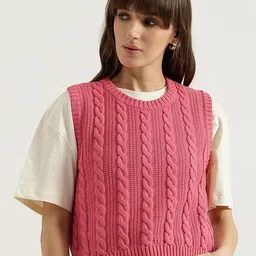 United Colors of Benetton Women Cable Knit Self Design Pure Cotton Sweater-picture-37