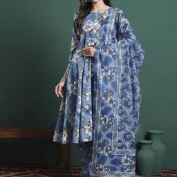 Yufta Women Floral Printed Maternity Pleated Pure Cotton Kurta with Trousers & Dupatta-image-89