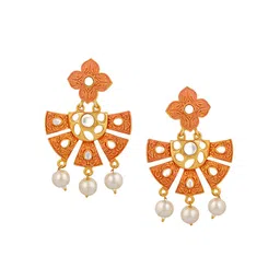 Stefan Gold-Plated Contemporary Kundan Drop Earrings-image-13