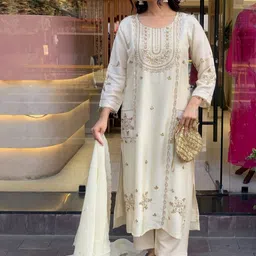 KALINI Women Ethnic Motifs Embroidered Regular Thread Work Kurta with Palazzos & With Dupatta image 4