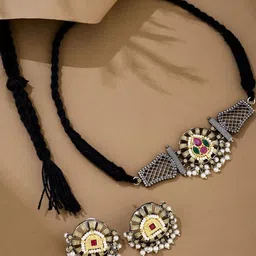 anouk Sangria german silver-gold plated & multicoloured stone studded choker jewellery set image 1