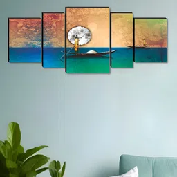 SAF Yellow & White 5 Pieces Moon & Boat Wooden Wall Arts image 2