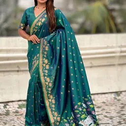 ELITE WEAVES Ethnic Motifs Zari Silk Blend Banarasi Saree-picture-12