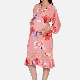 The Kaftan Company Floral Print Flared Sleeve Ruffled Maternity A-Line Midi Dress image 5