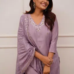 LAZZLY Women Ethnic Motifs Embroidered Regular Kurta with Trousers & With Dupatta image 2