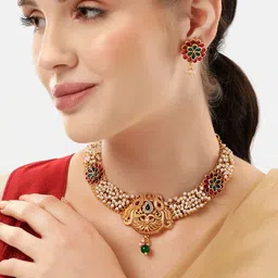 MANSIYAORANGE Gold-Plated Pearl Peacock Kempu Stones Jewellery Set-image-12