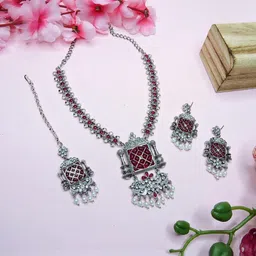 VATSALYA creation Alloy Silver Ruby Red Jewellery Set-picture-39