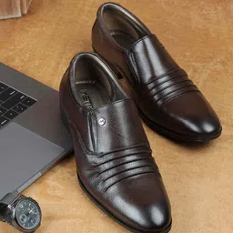 Metro Men Textured Leather Formal Slip-On Shoes-picture-35