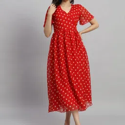 Curvydrobe Polka Dot Printed Flared Sleeve Georgette Fit and Flare Mid Dress-image-57
