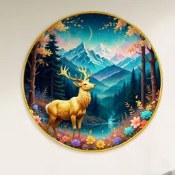 Livin'luxe Blue & Gold-Toned Deer Wall Hallway Round Portrait Painting Wall Art 16" x 16" image 4