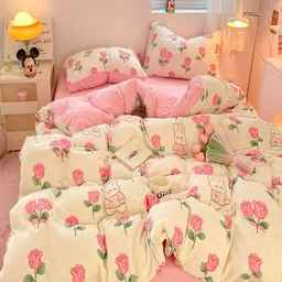 JC HOME Pink & Cream-Coloured Floral Polycotton 2 Piece Single Regular Bedding Set-picture-25