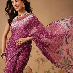 Silk Land Bandhani Printed Zari Chanderi Saree with Blouse Piece image 5