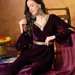 Myshka Women Empire Gotta Patti Velvet Kurta with Palazzos & With Dupatta image 2