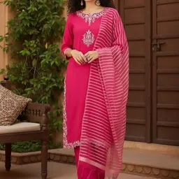 NAVYAAZRI Women Ethnic Motifs Embroidered Regular Thread Work Kurta with Trousers & With Dupatta-picture-10