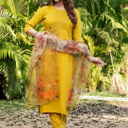 C J Enterprise Floral Embroidered Thread Work Pure Silk Kurta with Trousers & Dupatta-picture-30