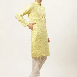 Jompers Men Yellow & White Embroidered Dupion Silk Kurta with Churidar image 3