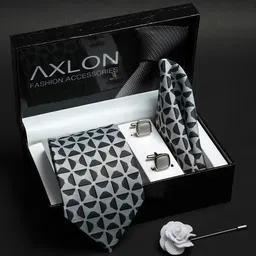 axlon Grey Geometric Tie For Men – Formal Ties Set With Pocket Square & Tie Pin Clip For Mens, Silk Neckties Gift Sets For Men’s (AX24_13) image 2