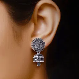 MEENAZ Set Of 4 Silver-Plated Stainless Steel Oxidised Contemporary Jhumkas image 3