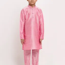 KRAFT INDIA Boys Pink Floral Printed Dupion Silk Kurta with Churidar & Nehru Jacket image 3