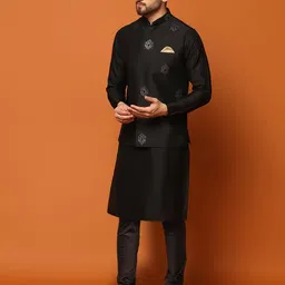 kisah Mens Kurta Jacket Churidar Set, Silk Blend Jacquard Mandarin Collar Long Sleeves, Black Ethnic Wear Set for Men image 3