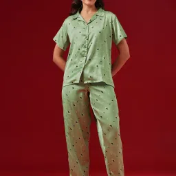 Clovia Satin Floral Print Button-Down Shirt And Pyjama Green-image-7