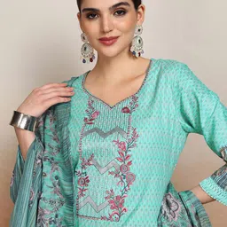 Vishudh  Ethnic Motifs Embroidered Pure Cotton Straight Kurta & Trousers With Dupatta-picture-5