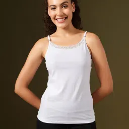 Clovia Cotton Camisole With Lace And Adjustable Straps White-image-4