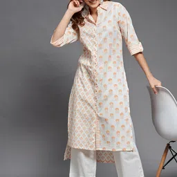 Indian Dobby Women White & Peach-Coloured Floral Printed Flared Sleeves Block Print Straight Style Kurta image 5