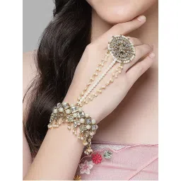 Karatcart Gold Plated Floral Design Pearl and Kundan Ring Hathphool for Women-picture-12