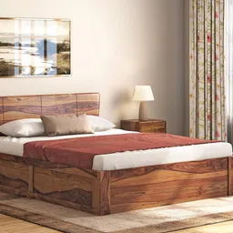 urban ladder Marieta Solid Wood Queen Size Bed with Hydraulic Storage Bed in Teak Finish image 1