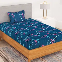 Story@Home Navy Blue Bedspun Polyester Floral Bedsheet with Pillow Covers (Single)-picture-21
