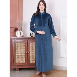 Secret Wish Solid Blue Velvet Maternity Nighty Full Length-picture-10
