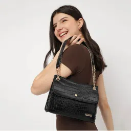 fastrack accessories Black Croco Textured Structured Shoulder Bag For Women-picture-19