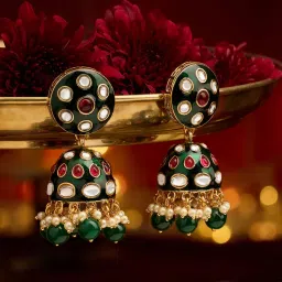 Zaveri Pearls Green and Pink Meenakari Stones-Beads Jhumka Earrings-picture-29
