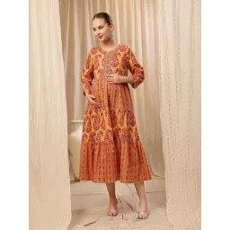 Zelena Ethnic Cotton Maternity Kurti - Zip Feeding And Pocket, Postpartum Wear - Beige image 1