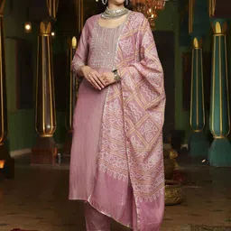 BANDIA Women Yoke Design Embroidered Kurta with Trousers & Dupatta-image-56
