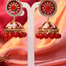 SIVA BY ANIKA Brass-Plated Artificial Stones Studded & Beaded Dome Shaped Jhumkas image 5