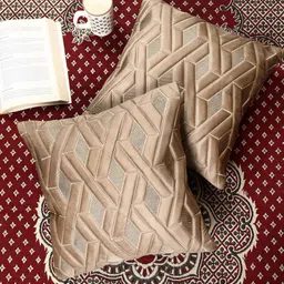 MONKDECOR Brown & Gold-Toned Set of 2 Geometric Velvet Square Cushion Covers image 3