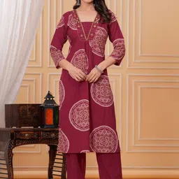 KALINI Women Ethnic Motifs Printed Regular Thread Work Pure Cotton Kurta with Trousers-picture-14