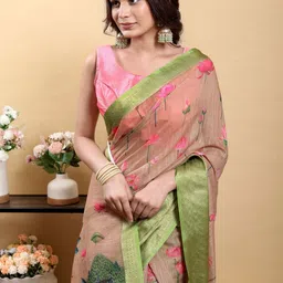 AWRIYA Floral Printed Linen Blend Zari Saree image 5