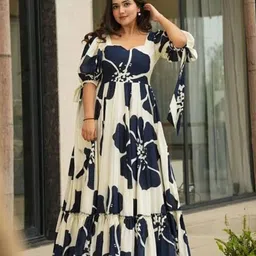 De La Moda Women Floral Print Puff Sleeve Crepe Maxi Dress-picture-31