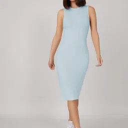 CILIMILI Women Sky Blue Solid Round Neck Stretchable Bodycon Midi dress-image-28