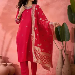 HERE&NOW Women Woven Design Embroidered Kurti with Pyjama & Dupatta-picture-22